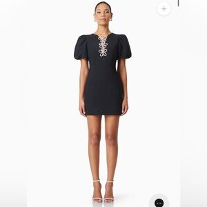 elliatt delia black diamante 3d floral diamante puff sleeve mini dress medium
